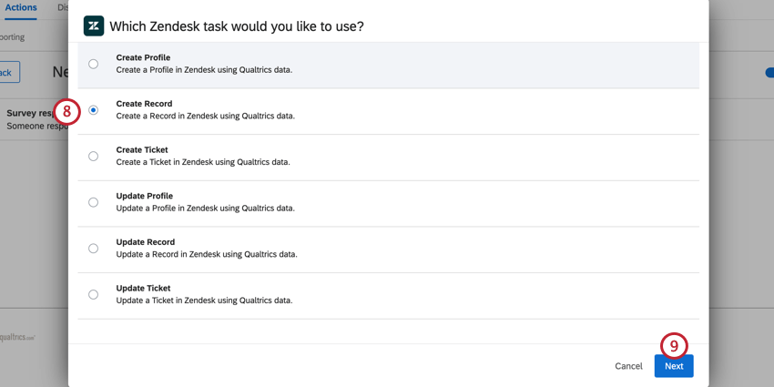 zendeskのタスクを選択し、次へをクリックします。
