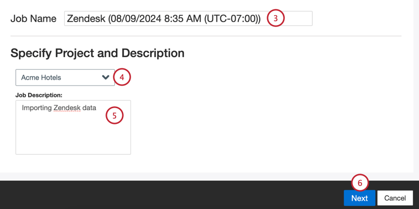 Benennung des Jobs, Auswahl eines Projekts und Eingabe einer Beschreibung