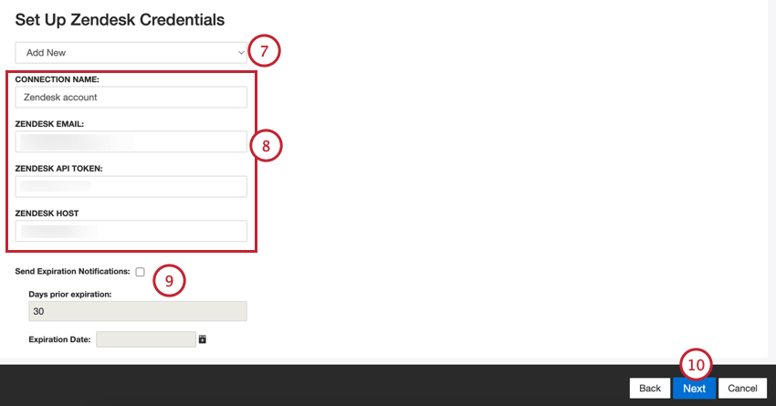 usando el menú desplegable para elegir una cuenta de Zendesk o agregar una nueva