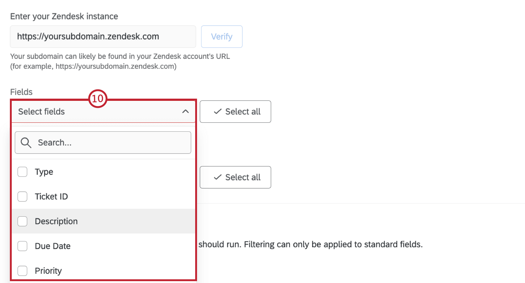 Revisar los campos y luego elegir los cambios del ticket de Zendesk que se deben monitorear.
