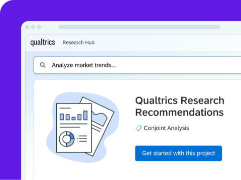 Qualtrics Research Hub interface showing an AI-recommended conjoint analysis project surfaced from a market trends search query.