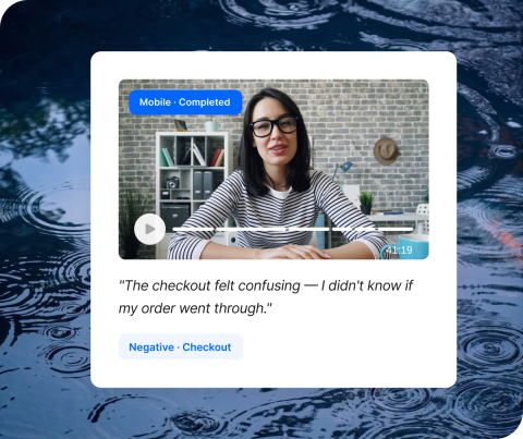 A completed mobile research video response tagged as negative checkout sentiment, with the participant citing confusion about order confirmation.