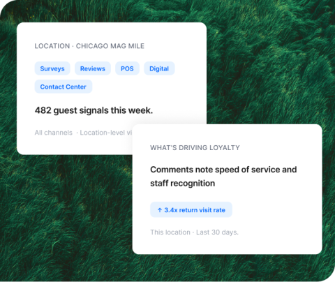 Two cards for Chicago Mag Mile: 482 weekly guest signals across five channels, with speed of service and staff recognition driving a 3.4x return visit rate.