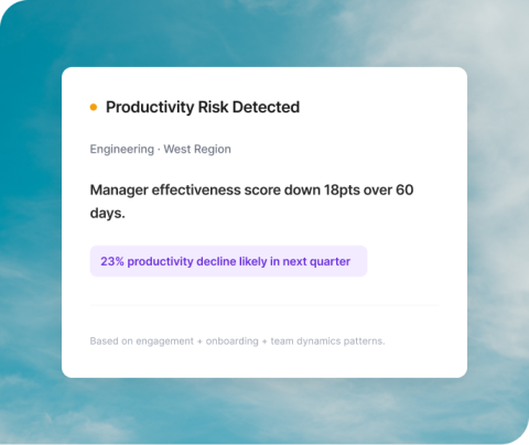 Alert card flagging a productivity risk in Engineering West Region: manager effectiveness down 18pts over 60 days, with a 23% productivity decline predicted next quarter.