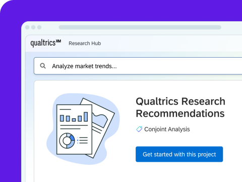 Qualtrics Research Hub interface showing an AI-recommended conjoint analysis project surfaced from a market trends search query.