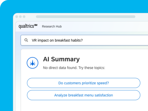 Qualtrics Research Hub showing an AI summary with no direct data found for a query, offering two related research topic suggestions.