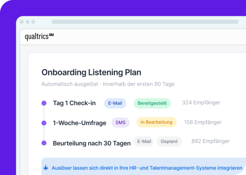 Qualtrics „Onboarding Listening Plan" mit drei automatisierten Umfrageschritten in den ersten 90 Tagen an insgesamt 1.372 Empfänger.