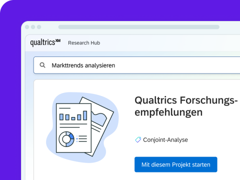 Qualtrics „Research Hub" mit Suche nach Markttrends und einer Forschungsempfehlung zur Conjoint-Analyse inklusive Button „Mit diesem Projekt starten".