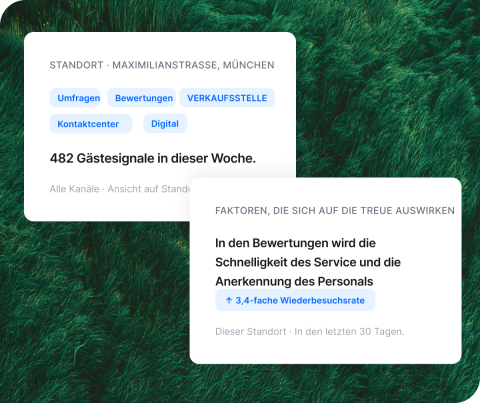 Qualtrics-Karten zum Standort München mit 482 Gästesignalen und einer 3,4-fachen Wiederbesuchsrate durch schnellen Service.