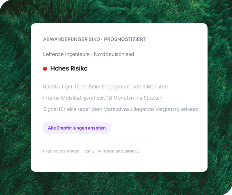 Qualtrics-Karte zeigt hohes Abwanderungsrisiko bei leitenden Ingenieuren in Norddeutschland mit drei erkannten Warnsignalen.