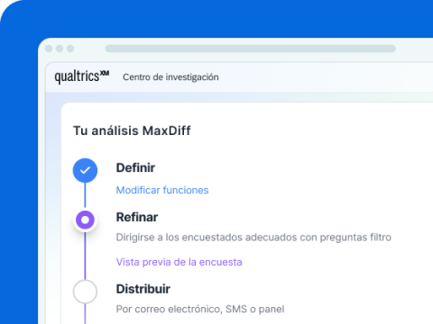 Una imagen de una interfaz web digital bajo Qualtrics XM titulada “Centro de investigación” que muestra un asistente de configuración paso a paso para “Tu análisis MaxDiff”. Muestra tres pasos en una línea de tiempo vertical: “Definir” (círculo azul marcado con el enlace “Modificar funciones”), “Refinar” (anillo morado activo con la descripción “Dirigirse a los encuestados...” y el enlace “Vista previa de la encuesta”) y “Distribuir” (círculo gris vacío inactivo con la descripción “Por correo electrónico, S