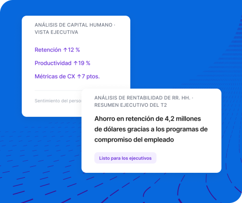 Una imagen sobre un fondo azul con líneas curvas que muestra dos tarjetas digitales blancas superpuestas. La tarjeta superior izquierda, titulada “ANÁLISIS DE CAPITAL HUMANO · VISTA EJECUTIVA”, muestra tres tendencias métricas positivas: “Retención ↑ 12 %”, “Productividad ↑ 19 %” y “Métricas de CX ↑ 7 ptos.”. La tarjeta inferior derecha, titulada “ANÁLISIS DE RENTABILIDAD DE RR. HH. · RESUMEN EJECUTIVO DEL T2”, destaca un ahorro en retención de 4.2 millones de dólares gracias a los programas de compromiso d
