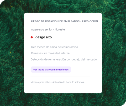 Una imagen sobre un fondo de césped verde que muestra una tarjeta de panel digital blanca titulada “RIESGO DE ROTACIÓN DE EMPLEADOS · PREDICCIÓN”. Se enfoca en el grupo “Ingenieros sénior · Noreste” con un punto de estado rojo para “Riesgo alto”. La tarjeta lista tres factores de riesgo: tres meses de caída del compromiso, 18 meses sin movilidad interna y detección de remuneración por debajo del mercado. Incluye un botón morado que dice “Ver todas las recomendaciones” (Modelo predictivo · Actualizado hace 2