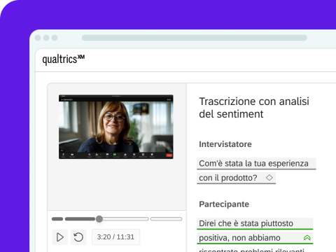 Qualtrics videointervista con trascrizione e analisi del sentiment su un'esperienza positiva col prodotto.