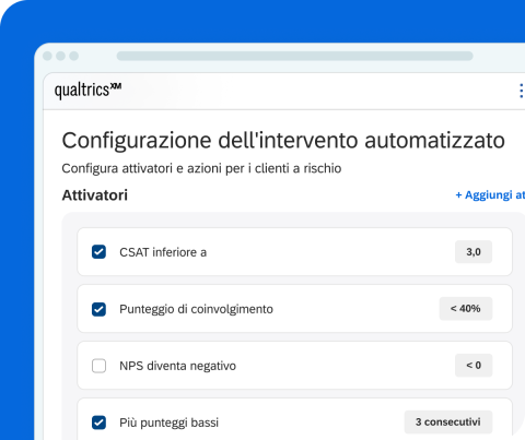 Schermata Qualtrics XM: configurazione dell'intervento automatizzato con attivatori per clienti a rischio tra cui CSAT, coinvolgimento e NPS