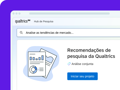Interface Qualtrics XM Hub de Pesquisa com barra de pesquisa «Analise as tendências de mercado» acima de recomendações de pesquisa da Qualtrics.