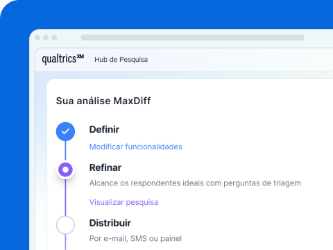 Hub de Pesquisa Qualtrics exibe fluxo MaxDiff: Definir concluída, Refinar em andamento com triagem, Distribuir via e-mail, SMS ou painel.