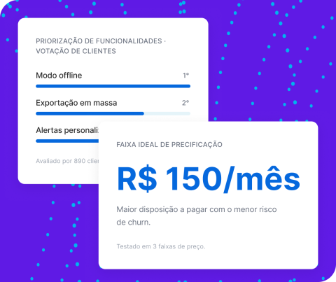 Interface Qualtrics XM mostrando priorização de funcionalidades por votação de clientes e análise de faixa ideal de precificação.