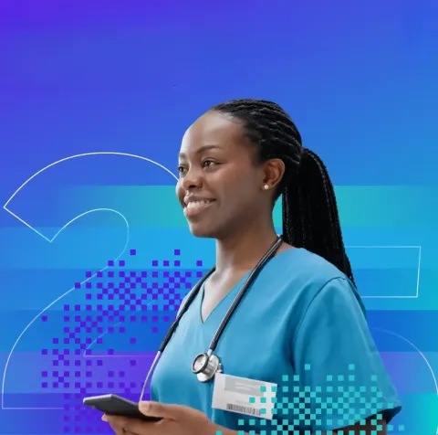 Doctor with stethoscope around her neck and a phone in her hand.