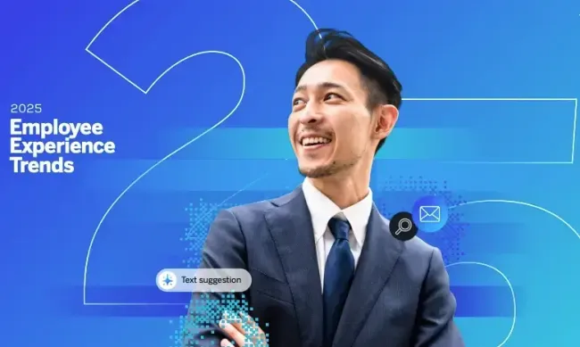 A headshot of a smiling man in a suit in front of a blue background. The text "2025 Employee Experience Trends" is on the left, and a large number "25" is in the background.