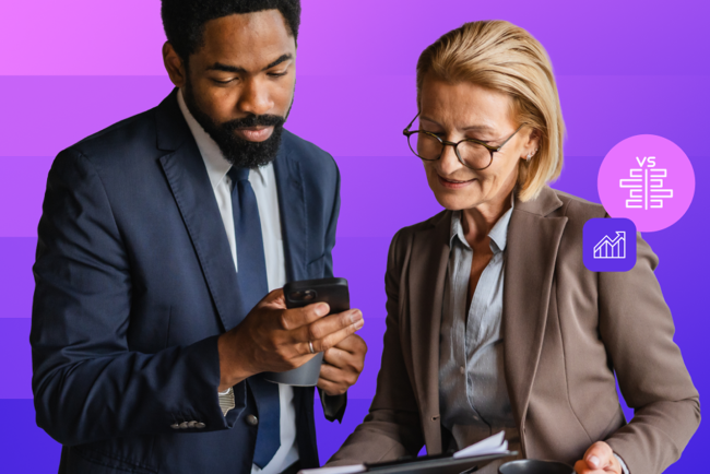 A graphic of two people discussing business