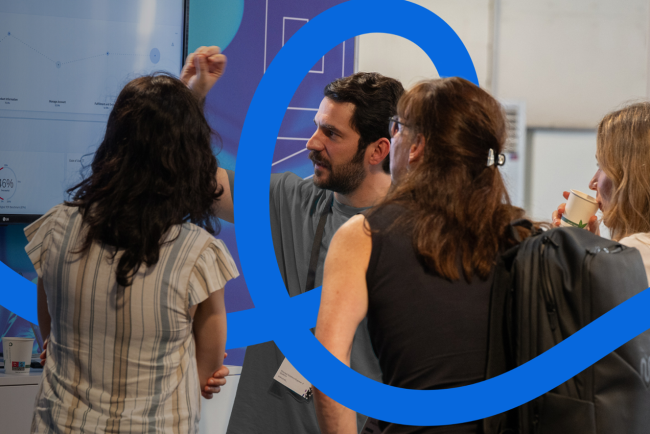 A graphic of three people discussing business