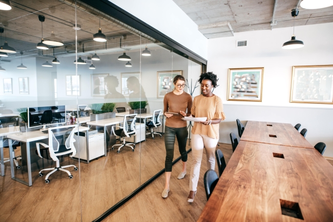 Two professional women collaborating in a modern office with glass partitions and wooden conference table