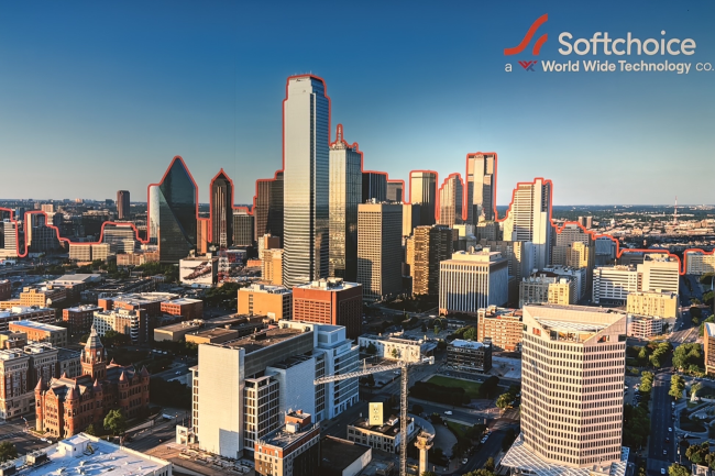 Aerial shot of a city with Softchoice logo on it