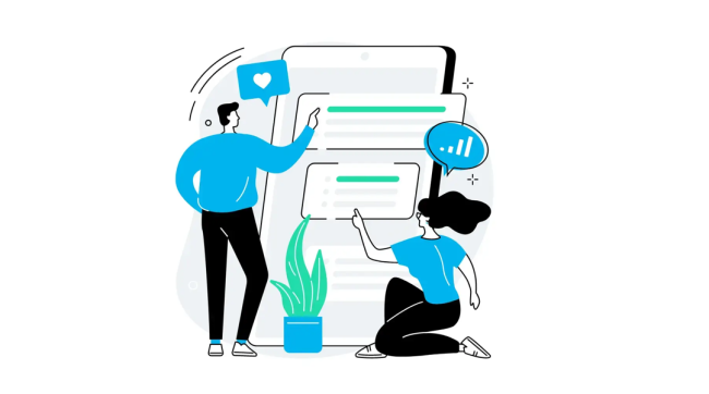 An illustration of a man and a woman in a vector style, pointing at data on a large, stylized smartphone interface.