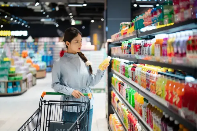 スーパーマーケットの飲料売り場でカートを押しながらボトルを手に取る買い物客。