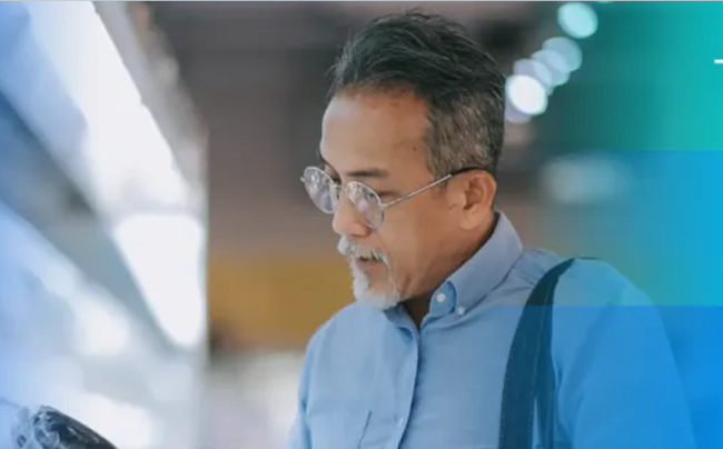 A professional man with glasses examines a display, representing Qualtrics' recognition in the Gartner Magic Quadrant.
