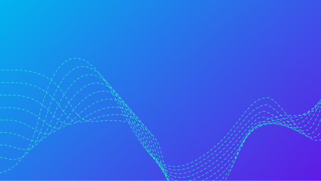 Abstract blue-to-purple gradient background with flowing dashed wave lines in Qualtrics brand colors.