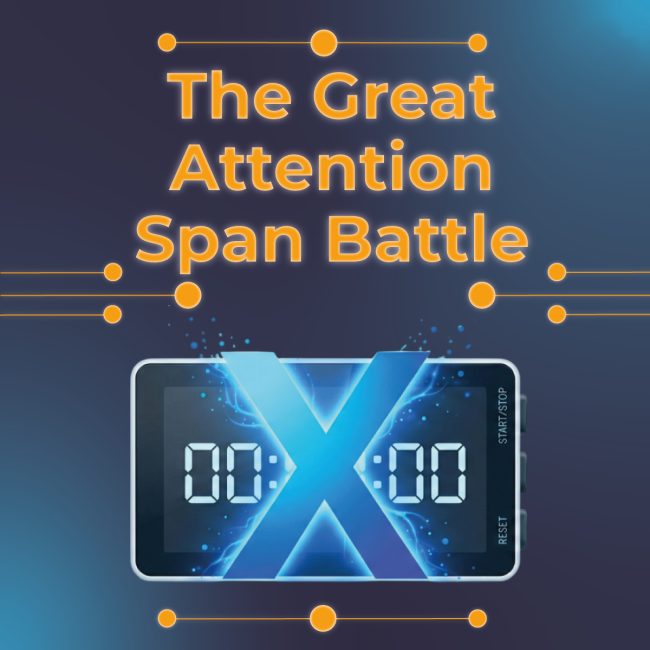 Thumbnail image for 'The Great Attention Span Battle' featuring bold orange text on a dark blue background with a digital stopwatch displaying 00:00 and the Qualtrics X logo overlaid on the timer face