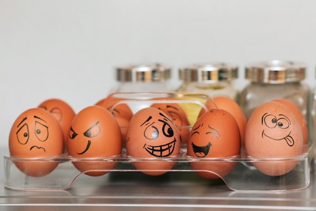 Eggs with faces portraying various emotions painted on them.