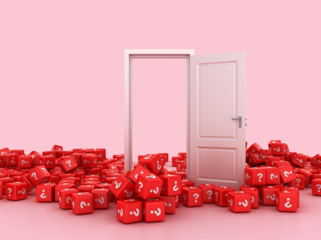 3D rendered open door with question mark blocks surrounding it.