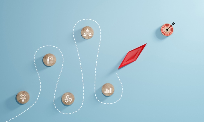 Employee journey concept, red leader boat leading, on blue background.