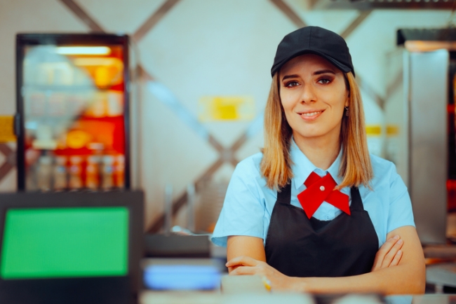 Happy QSR manager standing behind counter with her arms crossed.