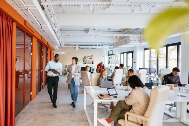 Group of professionals collaborating in a bright, modern office space designed for co-working and teamwork.