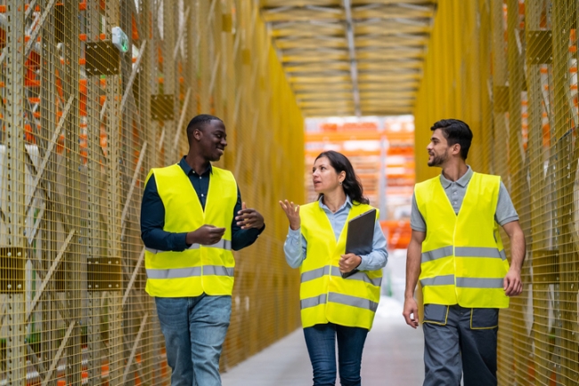 Warehouse supervisors walking along an aisle in a large warehouse wearing safety jackets.