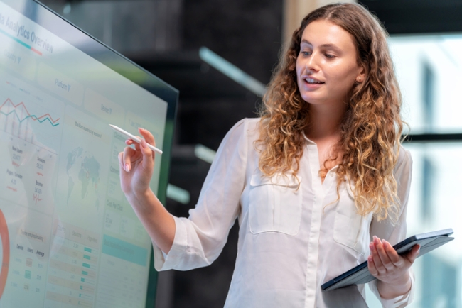 Sales leader presents digital analytics software product to potential customers.