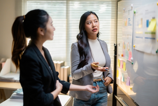 2 market research professionals reviewing qualitative and quantitative data on a whiteboard.