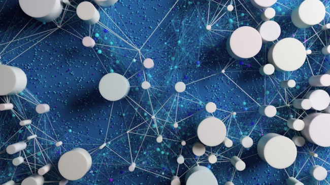 A vivid blue abstract scene of white spheres connected by slender lines, forming a complex network of nodes and connections