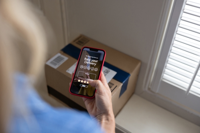 Customer rating her experience on mobile after getting a package delivered at home.