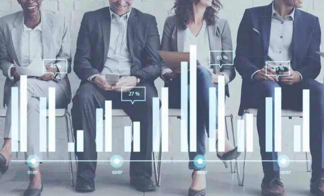 People sitting in a row with a graph overlay in front of them