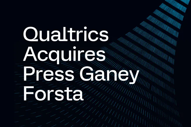 White text "Qualtrics Acquires Press Ganey Forsta" over dark, textured background