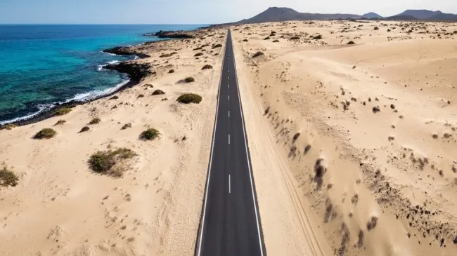 Endless road through the Corralejo sand dunes in Fuerteventura, Spain.