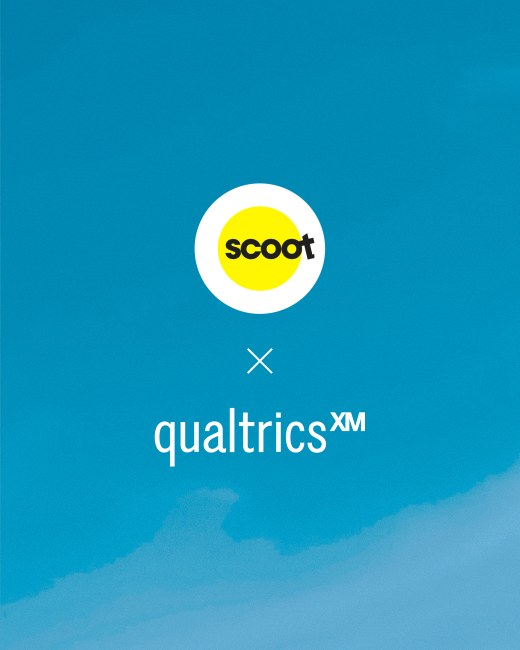 Scoot logo x qualtrics (trademarked) logo on a blue sky background