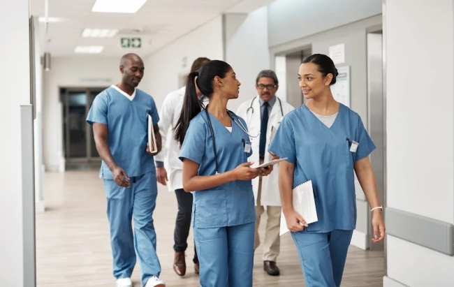 Group of healthcare workers walking together