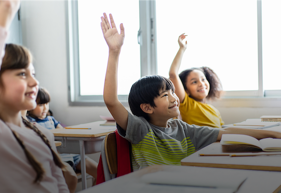 Young students raising their hands in class