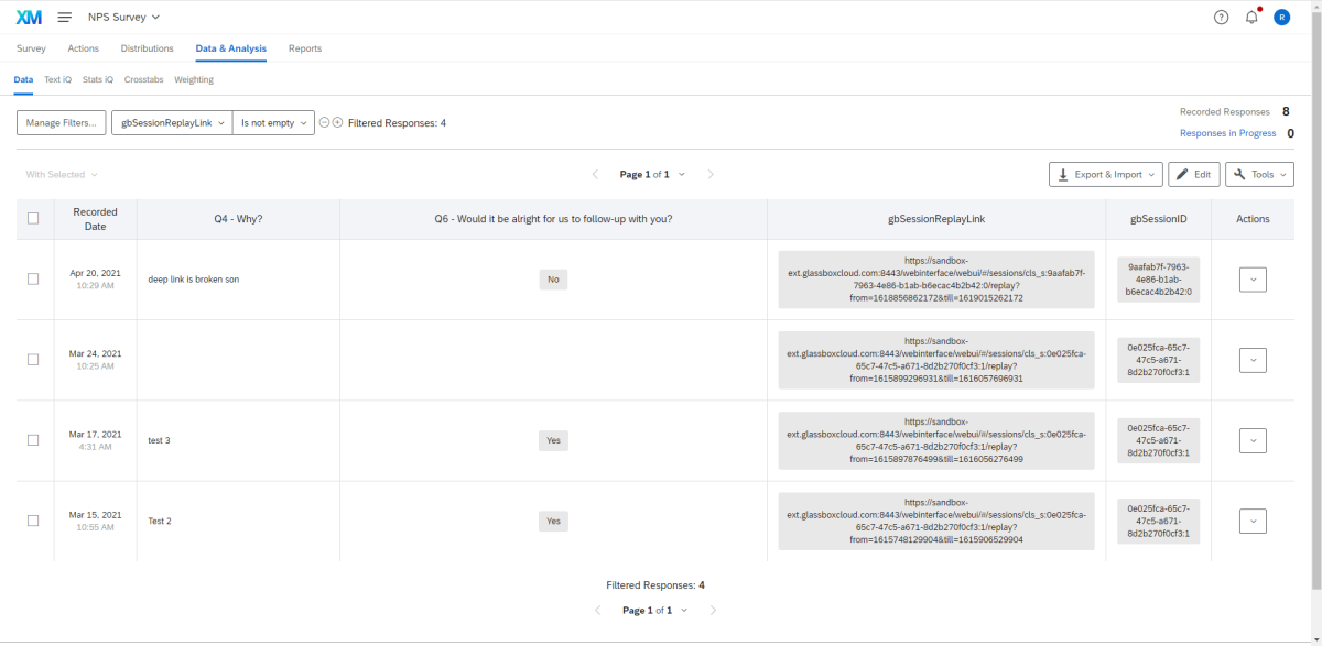 Filtered Qualtrics Responses with Session Recordings